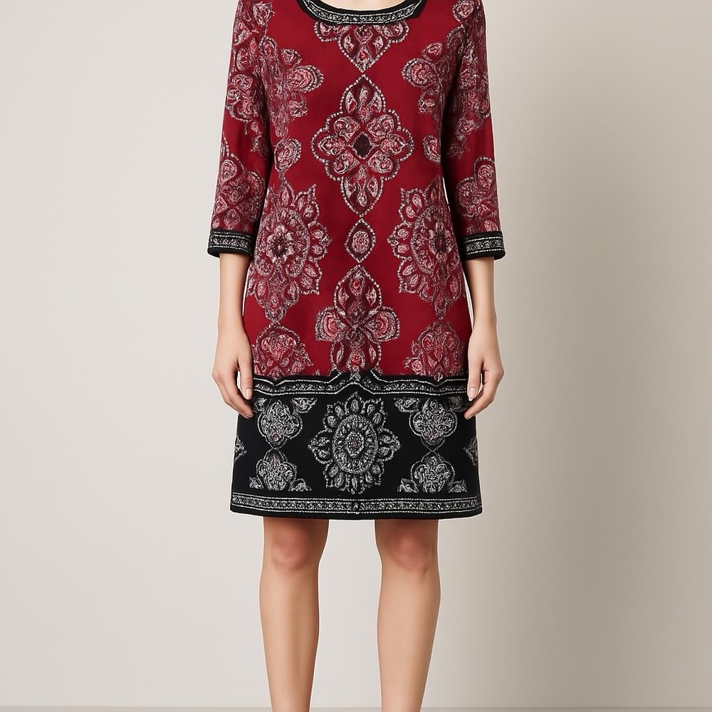 STUDIO ONE NY Women’s Medium Dark Red  Black Paisley 3/4 Sleeves Knee Dress